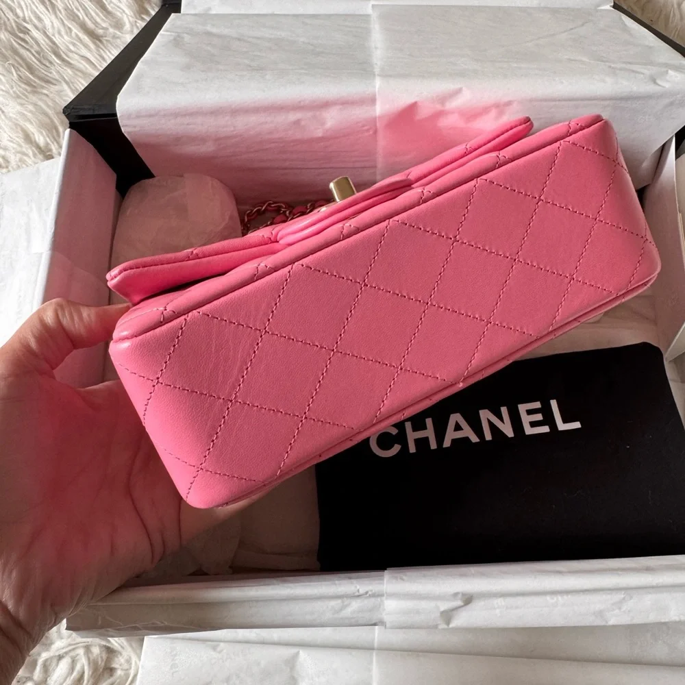 CHANEL 23P Mini Top Handle Pink Lambskin Classic Bag Gold Hardware NIB RARE